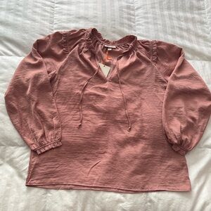Pink V-Neck Long Sleeve Blouse